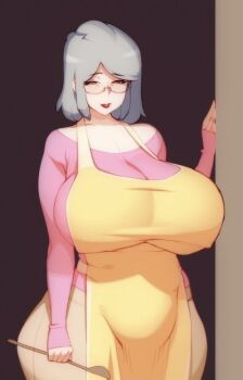 1girl aged_up apron breasts brown_eyes clothes doxy female_focus glasses grey_hair huge_breasts looking_at_viewer mature_female old old_woman original parted_lips plump smile solo spoon standing thick_thighs thighs wide_hips