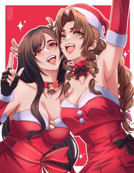 2girls absurdres aerith_gainsborough alternate_costume antlers arm_up artist_name black_gloves border braid breasts brown_eyes brown_hair christmas cleavage commentary dress english_commentary fake_antlers final_fantasy final_fantasy_vii fingerless_gloves forehead fur-trimmed_dress fur-trimmed_headwear fur_trim gloves green_eyes hair_ribbon hat highres horns large_breasts leofoxart lips long_hair looking_at_viewer multiple_girls outside_border parted_bangs pink_lips pink_ribbon red_background red_dress red_hat ribbon santa_costume santa_hat simple_background smile teeth tifa_lockhart upper_teeth_only very_long_hair white_border