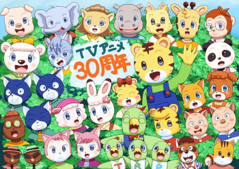 bird bow bowtie cat collared_shirt elephant flower glasses hair_flower hair_ornament highres hippopotamus monkey necktie panda pig rabbit shima_shima_tora_no_shimajirou shirt tiger user_hzev5434