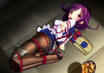 10s 1girl agm ahoge ass bad_id bad_pixiv_id bag ball_gag bdsm black_panties black_pantyhose blush bondage bound breasts carrot clothes_lift feet female_focus fingernails gag gagged hair_flaps highres hogtie kantai_collection legs_together looking_at_viewer lying on_side onion panties panties_over_pantyhose panties_under_pantyhose pantyhose potato purple_hair red_eyes rope sandals shibari shiny_clothes shopping_bag skirt skirt_lift solo taigei_(kancolle) tears toenails torpedo underwear wiffle_gag