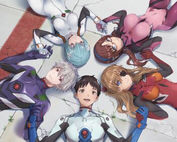 Rule 34 | 2boys, 3girls, ayanami rei, blue eyes, blue hair, bodysuit, breasts, breasts apart, brown eyes, brown hair, circle formation, closed mouth, concrete, covered navel, crack, cracked floor, eyepatch, glasses, hair between eyes, highres, holding hands, ikari shinji, impossible bodysuit, impossible clothes, large breasts, long hair, looking at viewer, lying, makinami mari illustrious, mecha pilot suit, medium breasts, moshoko (mizuneroku), multicolored bodysuit, multiple boys, multiple girls, nagisa kaworu, neon genesis evangelion, on back, open mouth, plugsuit (evangelion), rebuild of evangelion, red-framed eyewear, red bodysuit, red eyes, short hair, silver hair, smile, souryuu asuka langley, twintails, upturned eyes, white bodysuit