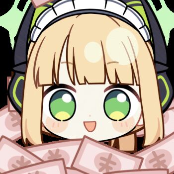 1girl :d animal_ear_headphones animal_ears animated animated_gif banknote blonde_hair blue_archive blunt_bangs blunt_ends blush_stickers cat_ear_headphones cat_ears chibi chunye_haruya commission dot_nose fake_animal_ears falling_money green_eyes green_halo halo headphones looking_at_viewer lowres maid_headdress midori_(blue_archive) midori_(maid)_(blue_archive) missing_commentary money official_alternate_costume official_alternate_hairstyle open_mouth ponytail second-party_source short_hair sidelocks simple_background smile solo transparent_background upper_body white_headdress