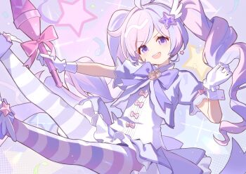 1girl :d ahoge blue_archive blush bow bowtie commentary drill_hair earrings floating frilled_skirt frills gloves hair_ornament halo highres holding holding_weapon jewelry long_hair looking_at_viewer magical_girl miebao multicolored_hair official_alternate_costume official_alternate_hairstyle open_mouth pantyhose pink_bow pink_hair puffy_short_sleeves puffy_sleeves purple_bow purple_bowtie purple_eyes purple_hair reisa_(blue_archive) reisa_(magical)_(blue_archive) rocket_launcher rpg rpg-7 rpg_(weapon) shirt shoes short_sleeves skirt smile solo star_(symbol) star_earrings star_hair_ornament star_halo striped_clothes striped_pantyhose symbol-only_commentary tareme teeth twin_drills twintails two-tone_hair upper_teeth_only v-shaped_eyebrows weapon white_gloves white_shirt white_wrist_cuffs wing_hair_ornament winged_shoes wings wrist_cuffs