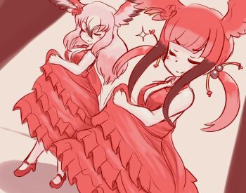 2girls bird_girl bird_wings black_hair blush closed_eyes flamenco greater_flamingo_(kemono_friends) hair_between_eyes head_wings kemono_friends long_hair mo23 multicolored_hair multiple_girls pink_hair red_hair red_theme scarlet_ibis_(kemono_friends) short_hair sidelocks smile sparkle twintails white_hair wings
