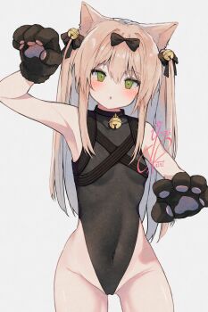 Rule 34 | 1girl, :o, animal ears, animal hands, arm up, bare hips, bell, black bow, black collar, black leotard, blush, bow, cat ears, chest harness, collar, commentary, covered navel, cropped legs, girls' frontline, gloves, green eyes, grey background, groin, hair bell, hair between eyes, hair bow, hair intakes, hair ornament, harness, head tilt, highleg, highleg leotard, highres, leotard, long hair, looking at viewer, neck bell, no pants, no shirt, open mouth, paw gloves, paw pose, pink hair, signature, simple background, sleeveless turtleneck leotard, solo, thighs, tmp (girls' frontline), tmp (meow prism power) (girls' frontline), two side up, youthpaint