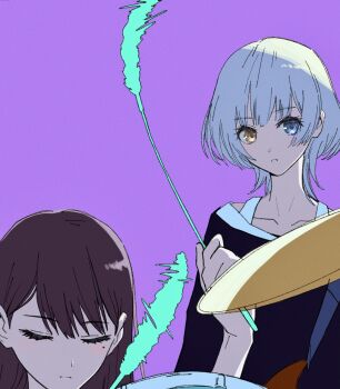 2girls bang_dream! bang_dream!_it's_mygo!!!!! bloom_into_me15 blue_eyes brown_hair cat_teaser closed_eyes commentary drum drum_set instrument kaname_raana long_hair mole mole_under_eye multiple_girls open_mouth playing_drum purple_background raana_the_cat shiina_taki short_hair simple_background white_hair wolf_cut you're_doing_it_wrong