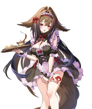 1girl absurdres animal_ears apron bow bowtie breasts brown_hair cleavage fox_ears fox_girl fox_tail hair_bow highres holding holding_tray long_hair maid_apron maid_headdress open_mouth red_eyes solo tail tanotsuchi thighs tray wrist_cuffs ye_shunguang zenless_zone_zero