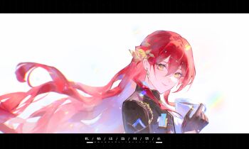 Rule 34 | 1girl, absurdres, aijiang013, black gloves, black jacket, breasts, chinese commentary, coffee mug, commentary request, commission, cup, gloves, highres, himeko (honkai: star rail), holding, holding cup, honkai: star rail, honkai (series), jacket, letterboxed, long hair, looking at viewer, medium breasts, mug, red hair, simple background, smile, solo, very long hair, white background, yellow eyes