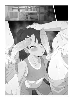 1girl 2boys 2koma :o asymmetrical_bangs bare_shoulders border breasts cheating_(relationship) collarbone comic covered_erect_nipples erection fenqury foreskin greyscale group_sex gym_storeroom hair_ornament hairclip half-closed_eyes hand_on_another&#039;s_head hetero ijiranaide_nagatoro-san indoors large_penis long_hair looking_at_penis looking_up male_pubic_hair midriff mmf_threesome monochrome multiple_boys nagatoro_hayase navel penis penis_awe penis_on_face petite phimosis ponytail precum pubic_hair ringed_eyes shoes shorts silent_comic small_breasts sneakers sports_bra squatting steam stray_pubic_hair sweat tan tanline testicles threesome uncensored veins veiny_penis white_border