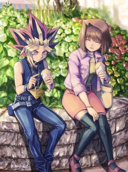 1boy 1girl bag bare_shoulders belt belt_buckle black_belt black_hair black_thighhighs blonde_hair blunt_bangs bracelet brown_hair buckle chain chain_necklace closed_eyes flower food highres holding holding_food jacket jewelry mazaki_anzu millennium_puzzle multicolored_hair necklace open_clothes open_mouth outdoors pink_eyes pink_flower pink_jacket red_hair short_hair shoulder_bag signature sitting sleeveless smile spiked_hair suzurichan715 thighhighs third-party_source yami_yugi yu-gi-oh! yu-gi-oh!_duel_monsters