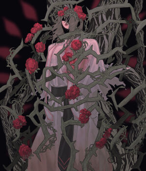 1boy absurdres alternate_costume arms_at_sides beard_stubble black_background black_sash blood blood_on_clothes blurry brown_hair capelet cowboy_shot crown_of_thorns dark depth_of_field dress e.g.o_(project_moon) facial_hair facial_mark falling_petals feet_out_of_frame floating floating_hair flower flower_wreath formal_clothes from_side garden_of_thorns_(e.g.o) gloves gregor_(project_moon) hair_between_eyes hair_flower hair_ornament hair_over_one_eye hair_vines hairband half-closed_eyes head_wreath highres leaf limbus_company long_hair long_sleeves male_bride male_focus official_alternate_costume one_eye_covered pants parted_bangs parted_lips petals plant project_moon red_flower red_rose red_strips rose rose_petals sash shaded_face shadow shoulder_sash sideways_glance simple_background solo standing stubble teeth thorns too_many too_many_flowers torn_capelet torn_clothes uibou00000 vines waist_sash white_dress white_gloves white_pants white_sash