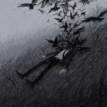 1other ambiguous_gender bird black_jacket black_necktie commentary dutch_angle english_commentary flock greyscale headless highres jacket lying monochrome necktie on_back open_clothes open_jacket original other_focus outstretched_arms revol4357 shirt solo spread_arms surreal white_shirt