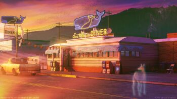 absurdres building chair deer diner folding_chair highres life_is_strange_(series) life_is_strange_1 mb0sco motor_vehicle mountain no_humans outdoors pickup_truck power_lines scenery sign stairs truck utility_pole