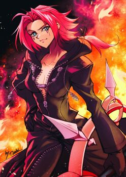 Rule 34 | 1girl, alternate costume, aqua eyes, artist name, axel (kingdom hearts), axel (kingdom hearts) (cosplay), black gloves, black pants, black robe, breasts, cleavage, closed mouth, cocked eyebrow, code geass, cosplay, cow, crossover, facial mark, fiery background, fire, gloves, hand on own hip, highres, holding, holding shuriken, holding weapon, hood, hood down, hooded robe, kingdom hearts, kouzuki kallen, long hair, low ponytail, medium breasts, mochi mangaka, pants, parted bangs, ponytail, red hair, robe, shuriken, smile, solo, weapon, zipper pull tab