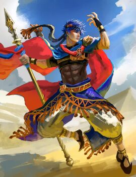 1boy blue_eyes closed_mouth commentary day desert english_commentary fire_emblem fire_emblem:_path_of_radiance fire_emblem_heroes highres holding holding_polearm holding_weapon ike_(fire_emblem) ike_(jehanna)_(fire_emblem) lips male_focus nintendo official_alternate_costume outdoors polearm short_hair sky solo weapon yanmanxplore