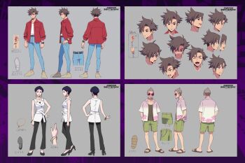1girl 2boys bare_shoulders black_eyes black_hair black_pants black_shirt blue_pants brown_hair commentary_request digimon digimon_beatbreak earrings full_body green_shorts grey_background hand_on_own_hip jacket jewelry kutsuwada_maki male_focus multiple_boys multiple_expressions multiple_views official_art old old_man pants pink_shirt red-tinted_eyewear red_jacket red_lips reference_sheet sandals shirt short_hair shorts simple_background sunglasses tenma_asuka tinted_eyewear white_jacket yoshimura_(digimon)