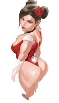 1girl ass bare_legs bell breasts brown_eyes brown_hair capcom christmas chun-li cleavage commentary double_bun english_commentary eyeshadow flower fur_trim gloves hair_bun hair_flower hair_ornament highres huge_ass jewelry leotard looking_at_viewer looking_up makeup mashingvaquita neck_bell red_leotard santa_costume santa_leotard solo street_fighter tail thick_thighs thighs thong_leotard white_background white_gloves