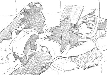 1boy 1girl bodysuit boku_no_hero_academia cape censored chips_(food) clothes_pull eating expressionless fake_horns food functionally_nude gloves hetero highres holding holding_manga horned_headwear horns ignoring long_hair lying manga_(object) mask mineta_minoru missionary monochrome mount_lady netorare on_back on_bed pants pants_pull potato_chips reading saliva serious sex shoganight spread_legs torn_bodysuit torn_clothes twitter_username