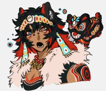 Rule 34 | 1boy, animal ears, bead necklace, beads, black hair, blue eyes, colored inner hair, commentary, english commentary, face piercing, grey background, hibashied, jewelry, lion boy, lion dance, lion ears, long hair, looking at viewer, male focus, multicolored eyes, multicolored hair, necklace, nose piercing, original, piercing, portrait, red eyes, red hair, simple background, solo