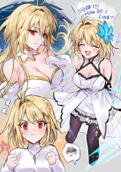1boy 3girls absurdres anger_vein antenna_hair archetype_earth arcueid_brunestud arcueid_brunestud_(mooncancer) bare_shoulders blonde_hair breasts cleavage clenched_hands closed_eyes dress english_text fate/grand_order fate_(series) flower gloves hair_flower hair_ornament highres large_breasts long_hair multiple_girls multiple_views open_mouth pout red_eyes short_hair smile sweater tohno_shiki tsukihime tsukihime_(remake) turtleneck turtleneck_sweater white_dress white_gloves white_sweater yakksan