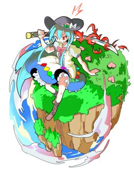 Rule 34 | 1girl, blue hair, blue skirt, boots, bow, bowtie, cloud, commentary request, fire, food, fruit, grass, hat, hinanawi tenshi, holding, holding sword, holding weapon, katana, long hair, moyazou (kitaguni moyashi seizoujo), peach, puffy short sleeves, puffy sleeves, red eyes, rubble, scowl, shadow, shirt, short sleeves, skirt, sky, sun hat, surprised, sword, sword of hisou, touhou, weapon, white shirt