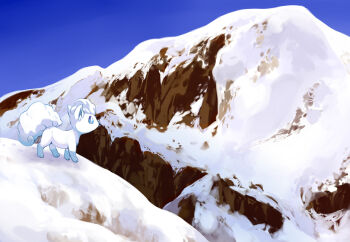 alolan_form alolan_vulpix animal_focus blue_eyes blue_sky bright_pupils clear_sky commentary_request day full_body gen_7_pokemon looking_ahead mk_(mikka) mountain nintendo no_humans outdoors pokemon pokemon_(creature) sky snow solo white_pupils wide_shot