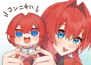 1girl :d ange_katrina ange_katrina_(1st_costume) blue_background blue_eyes blue_shirt blush character_doll commentary_request doidamon doll gradient_background hair_between_eyes hair_intakes hair_ornament hands_up highres holding holding_doll lips looking_at_viewer medium_hair nijisanji no_pupils official_alternate_costume open_mouth pink_nails portrait red_hair shirt smile solo striped_clothes striped_shirt teeth translation_request triangle_hair_ornament upper_teeth_only vertical-striped_clothes vertical-striped_shirt virtual_youtuber white_background