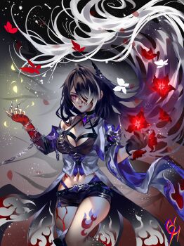 1girl acheron_(honkai:_star_rail) asymmetrical_gloves black_gloves black_hair black_shorts chain coconuthound commentary_request flower gloves gradient_hair highres honkai:_star_rail honkai_(series) leg_tattoo long_hair looking_at_viewer midriff mismatched_gloves multicolored_hair navel purple_eyes red_flower red_gloves short_shorts shorts single_bare_shoulder solo stomach tattoo very_long_hair white_hair