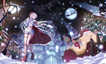 Rule 34 | 1girl, black sky, blue eyes, building, cape, christmas, christmas tree, crop top, cropped shirt, cybill (snack nili), fur-trimmed cape, fur trim, gradient hair, hat, humimaru 35p, long hair, long sleeves, midriff, moon, multicolored hair, night, outdoors, pink hair, red cape, red hat, red shoes, reindeer, santa hat, shirt, shoes, shorts, sky, sleigh, snack nili, snow, solo, thigh strap, very long hair, virtual youtuber, white hair, white shirt, white shorts