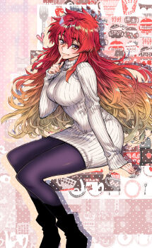 Rule 34 | 1girl, alternate costume, ankle boots, arm support, ben-day dots, black boots, blonde hair, blush, boots, breasts, closed mouth, commentary request, dola (nijisanji), dress, drop shadow, eyelashes, finger to mouth, full body, gradient hair, hair between eyes, hand up, heart, highres, index finger raised, invisible chair, large breasts, light smile, lips, long bangs, long hair, looking at viewer, messy hair, multicolored hair, nijisanji, orange eyes, orange hair, pantyhose, pink background, purple pantyhose, red hair, ribbed dress, screentones, short dress, sitting, sleeves past wrists, solo, sweater, sweater dress, takanashi ringo, variant set, very long hair, virtual youtuber, white dress