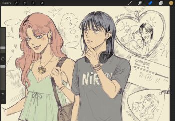 2girls ? ^_^ art_program_in_frame bag band_shirt bare_arms bare_shoulders blank_speech_bubble brown_bag brown_eyes brown_hair camisole character_doll charm_(object) closed_eyes collarbone couple doll earrings green_camisole grey_hair grey_shirt hand_on_another&#039;s_face hand_on_another&#039;s_wrist hand_on_own_chin headphones headphones_around_neck heads_together heart heart_pendant highres holding_strap hoop_earrings jewelry kininatteru_hito_ga_otoko_ja_nakatta koga_mitsuki locket long_hair looking_at_another media_player_interface merchandise multiple_girls multiple_views nirvana_(band) oosawa_aya parted_bangs parted_lips partially_colored pause_button pendant procreate_(software) progress_bar rebluna shirt short_sleeves shoulder_bag smile song_name speech_bubble t-shirt thinking thought_bubble twitter_username upper_body yuri