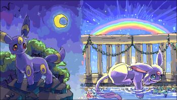 backlighting black_border black_fur blue_eyes border chain choko_(sweetpocket) commentary_request creature creature_focus crescent_moon espeon flower foliage forehead_jewel full_body gem gen_2_pokemon lily_pad lying moon night nintendo no_humans on_stomach outdoors pokemon pokemon_(creature) rainbow red_eyes red_gemstone ripples rock sad sky split_screen standing umbreon water water_lily_flower