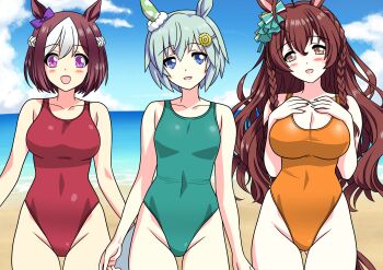 Rule 34 | 3girls, ahoge, animal ears, bare shoulders, beach, blue eyes, blue one-piece swimsuit, blush, bow, braid, breasts, brown eyes, brown hair, cleavage, collarbone, commentary request, competition swimsuit, ear bow, ear covers, ear ribbon, flower, grey hair, hair between eyes, hair flower, hair ornament, hairclip, half up braid, highres, horse ears, horse girl, horse tail, large breasts, long hair, looking at viewer, medium breasts, mejiro bright (umamusume), multicolored hair, multiple girls, ocean, one-piece swimsuit, open mouth, orange one-piece swimsuit, outdoors, purple eyes, red one-piece swimsuit, seiun sky (umamusume), short hair, single ear cover, small breasts, smile, special week (umamusume), sunflower, sunflower hair ornament, swimsuit, tail, two-tone hair, umamusume, water, white hair, yuuyuu (3jjbn)