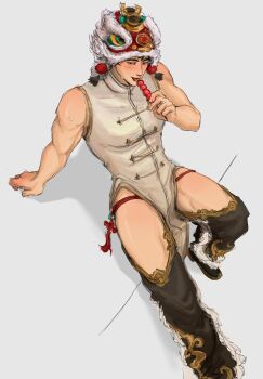 1boy animal_hat biceps black_eyes blush chaps china_dress chinese_clothes dress food full_body hat highres holding holding_food iron_fist_(lion&#039;s_gaze)_(marvel) iron_fist_(marvel) large_pectorals lion_dance looking_at_viewer male_focus marvel marvel_rivals melondeezp muscular muscular_male pectorals pelvic_curtain simple_background sitting solo sweat tanghulu thigh_strap thighs tongue tongue_out wet white_background white_dress