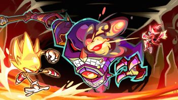 1boy 1girl blaze_the_cat burning_blaze courjet explosion fire furry furry_female furry_male gloves highres jacket lava pink_fur red_eyes red_jacket red_shoes robot shoes sonic_(series) sonic_rush_adventure sonic_the_hedgehog super_sonic white_gloves yellow_fur