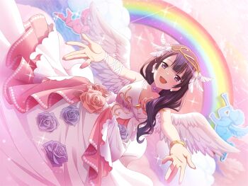 Rule 34 | 1girl, angel wings, beckoning, bracelet, cherub, choker, cupid, dress, dutch angle, earrings, fake wings, feathers, flower, game cg, hair over shoulder, headpiece, jewelry, long hair, looking at viewer, official art, purple eyes, purple hair, rainbow, reaching, reaching towards viewer, rose, shoujo kageki revue starlight, shoujo kageki revue starlight -re live-, solo, tomoe tamao, upper body, white dress, white wings, wings