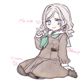 1girl black_pantyhose blue_eyes breasts brown_dress ceras_yanagida_lilienfeld closed_mouth commentary dress english_text full_body green_neckerchief grey_hair hasu_no_sora_school_uniform link!_like!_love_live! long_sleeves looking_at_viewer love_live! medium_breasts medium_dress neckerchief no_shoes pantyhose pleated_dress pointing_out_the_details sailor_collar sailor_dress school_uniform shinanoya_(satanicad) simple_background single_hair_intake sitting smile solo split_mouth virtual_youtuber w wariza wavy_hair white_background white_sailor_collar winter_uniform