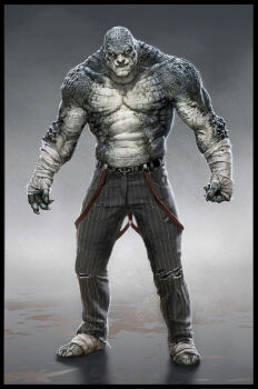 1boy absurdres arm_wrap bandages barefoot batman:_arkham batman:_arkham_asylum batman_(series) border claws dc_comics full_body highres killer_croc male_focus monster pants pinstripe_pants pinstripe_pattern realistic sharp_teeth simple_background solo standing striped suspenders teeth topless_male torn_clothes yellow_eyes