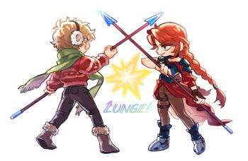 Rule 34 | 1boy, 1girl, adapted costume, animification, antenna hair, armor, armored boots, black armor, black boots, black pants, blonde hair, boots, braid, brown boots, brown hair, brown pants, commentary, earmuffs, english commentary, english text, eye contact, from side, full body, fur-trimmed boots, fur trim, geminitay, geminitay (dragon rider), green eyes, green scarf, grian (youtuber), hermitcraft, holding, holding polearm, holding weapon, long hair, looking at another, minecraft youtube, noah1773, official alternate costume, orange hair, pants, polearm, profile, red skirt, red sweater, scarf, short hair, simple background, single braid, skirt, smile, spear, sweater, very long hair, weapon, white background, winter clothes