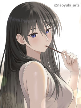 Rule 34 | 1girl, absurdres, artist name, azumanga daiou, bare shoulders, black hair, blue eyes, breasts, food, hair between eyes, highres, holding, holding food, holding pocky, large breasts, long hair, naoyuki arts, pocky, pocky day, sakaki (azumanga daioh), simple background, solo