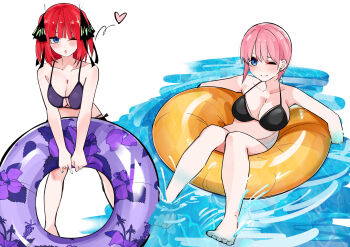 2girls ;) ;o absurdres armpit_crease bare_arms bare_shoulders barefoot bikini black_bikini black_ribbon blue_eyes blunt_bangs blush breasts butterfly_hair_ornament cleavage closed_mouth collarbone commentary_request curvy eyebrows_hidden_by_hair eyelashes floral_print full_body go-toubun_no_hanayome hair_ornament hair_ribbon halterneck heart highres holding holding_swim_ring innertube knees_together_feet_apart knees_up large_breasts looking_at_viewer lying mame1645 multiple_girls nakano_ichika nakano_nino on_back one_eye_closed open_mouth outstretched_arms pink_hair purple_bikini red_hair ribbon short_hair siblings simple_background sisters smile soaking_feet standing straight_hair swim_ring swimsuit twins v_arms water white_background