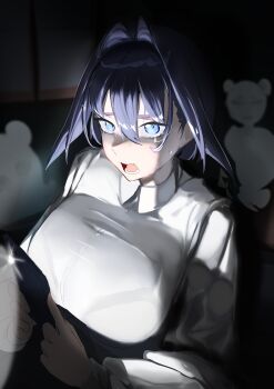 1girl absurdres black_hair blue_eyes bralines breasts cellphone commentary daaku_(koizumi_arata) english_commentary fang hair_between_eyes hair_intakes highres holding holding_phone hololive hololive_english huge_breasts indoors long_sleeves open_mouth ouro_kronii phone phone_light scared shirt short_hair smartphone solo taut_clothes taut_shirt virtual_youtuber white_shirt