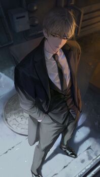 1boy absurdres black_necktie black_pants black_shoes black_tailcoat brown_hair character_request closed_mouth coat collared_shirt commentary_request copyright_request deukdo from_above full_body green_eyes hands_in_pockets highres korean_commentary male_focus necktie pants shirt shoes short_hair solo standing tailcoat