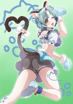1girl animal_ear_fluff animal_ears animal_hands aqua_gloves aqua_hair aqua_skirt black_shorts breasts cat_ears cat_tail commentary_request crop_top d4dj fake_animal_ears fake_tail foot_out_of_frame fur-trimmed_gloves fur_trim gloves gradient_background green_background green_eyes hanamaki_towa highres looking_at_viewer medium_breasts medium_hair mito_youki paw_gloves paw_pose polka_dot polka_dot_skirt short_sleeves shorts shorts_under_skirt skirt solo tail upper_body white_background