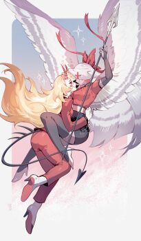 2girls absurdres angel angel_and_devil angel_wings black_nails bow bridal_gauntlets charlie_morningstar circle_facial_mark colored_sclera colored_skin commentary couple demon_girl demon_horns demon_tail english_commentary fingernails formal_clothes grey_hair grey_wings hair_bow hair_down hair_over_one_eye hazbin_hotel hellaverse high_heels highres holding holding_polearm holding_weapon horns hug kazuya_(kozun) long_fingernails long_hair looking_at_another miniskirt multiple_girls polearm red_bow red_horns red_sclera red_suit sharp_fingernails skirt smile spear suit tail thighhighs vaggie very_long_hair weapon white_skin wings yuri