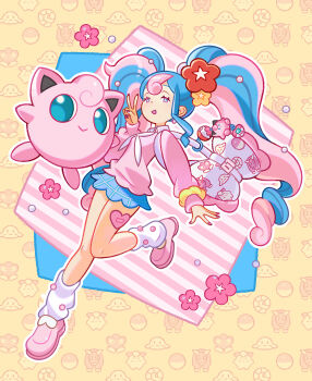 1girl :d blue_eyes blue_hair blue_skirt character_doll clefairy clefairy_sprite_(pokemon) collared_shirt crossover doll fairy_miku_(project_voltage) flower full_body gen_1_pokemon hair_flower hair_ornament half-closed_eyes hand_up hatsune_miku highres jigglypuff long_hair long_sleeves looking_to_the_side loose_socks miniskirt neckerchief nintendo no_nose no_pupils open_mouth outline pink_eyes pink_hair pink_nails pink_shirt pink_shoes plaid_clothes plaid_skirt pokemon pokemon_(creature) project_voltage red_flower scrunchie shirt shoes skirt smile socks standing standing_on_one_leg v vocaloid wavy_hair wavy_sidelocks white_bag white_neckerchief white_outline white_shirt white_socks wrist_scrunchie yellow_flower yellow_scrunchie zompycat