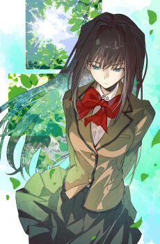 1girl absurdres aozaki_aoko aqua_eyes arms_behind_back bow bowtie brown_hair brown_jacket brown_skirt chinese_commentary closed_mouth collared_shirt commentary_request cowboy_shot double_exposure expressionless falling_leaves hair_intakes highres jacket kotatsu_kaya lapels leaf long_hair looking_down mahou_tsukai_no_yoru private_misaki_high_school_uniform red_bow red_bowtie school_uniform shirt skirt solo very_long_hair white_shirt