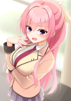 Rule 34 | 1girl, arm under breasts, blurry, blurry background, blush, breast padding, breasts, collared shirt, commentary request, cowboy shot, day, eyes visible through hair, fang, grey skirt, hair between eyes, hair intakes, hair ornament, half updo, hand up, highres, indoors, jacket, kikka academy school uniform, large breasts, long hair, long sleeves, looking at viewer, miniskirt, mitsukasa ayase, necktie, open mouth, pink hair, plaid clothes, plaid skirt, pleated skirt, purple eyes, red necktie, riddle joker, school uniform, shirt, sidelocks, silver116, skin fang, skirt, solo, straight hair, tsurime, very long hair, white shirt, window, wing hair ornament, yellow jacket