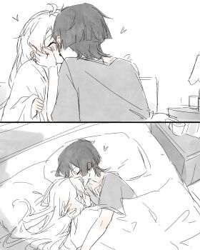 1boy 1girl ahoge artist_self-insert bed blush closed_eyes couple cup desk_lamp eyelashes facing_another genshin_impact greyscale hand_on_another&#039;s_face hand_on_another&#039;s_head happy head_on_pillow heart hetero highres hug indoors kiss lamp long_hair long_sleeves monochrome oc_x_canon original pillow scaramouche_(genshin_impact) shared_bed shared_blanket shirt short_sleeves sketch split_screen yoontrsh