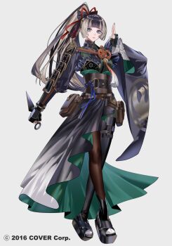 1girl alternate_costume alternate_hairstyle an_d_o armor asymmetrical_legwear belt belt_pouch black_dress black_gloves black_hair black_pantyhose blue_eyes blunt_bangs brown_belt brown_corset closed_mouth commentary_request copyright_notice corset dress fingerless_gloves full_body gloves green_dress green_nails grey_background grey_hair hand_up high-low_dress high_ponytail highres holding holding_kunai holding_weapon hololive hololive_dev_is japanese_armor juufuutei_raden kuji-in kunai leather_belt long_hair looking_at_viewer mismatched_legwear multicolored_hair nail_polish official_art okobo pantyhose parted_lips platform_sandals ponytail pouch sandals shoulder_armor simple_background single_sode sode solo standing straight_hair streaked_hair two-sided_dress two-sided_fabric two-tone_hair very_long_hair virtual_youtuber weapon wide_sleeves